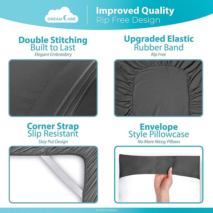 DREAMCARE King Size Sheets Set - 6 pcs Breathable Cooling Bed Sheets - up to 15" Deep Pocket King Sheet Set with Side Pockets - Extra Soft 100% Brushed Hypoallergenic Hotel Luxury Bedding - D Gray