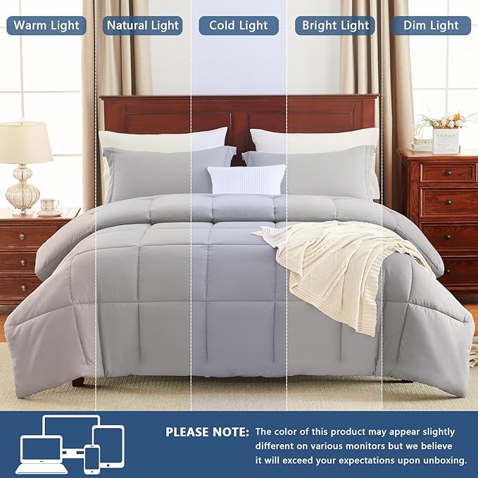CozyLux Full Size Comforter Sets - French Grey Comforter Full Size, 3 Pieces Box Stitched Bed Set for All Seasons, Soft Lightweight Bedding Sets with 1 Down Alternative Comforter and 2 Pillow Shams