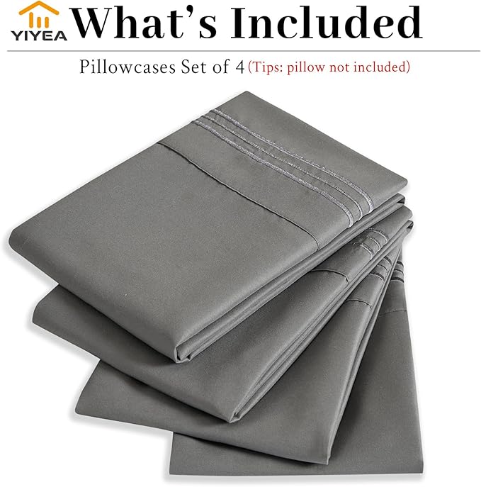 YIYEA Pillow Cases Queen Size Set of 4, Ultra Soft 1800TC Hotel Quality Double Brushed Microfiber Embroidered Pillowcases, Envelope Closure, Fade Resistant (20"x30", Dark Grey)