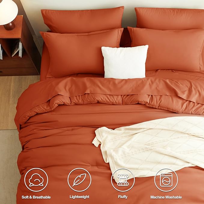 CozyLux King Size Comforter Set Burnt Orange, 7 Pieces Fall Bed in a Bag King Comforter Set with Sheets, Terracotta Luxury Soft Bedding Set with Down Alternative Comforter, Sheets, Pillowcases & Shams
