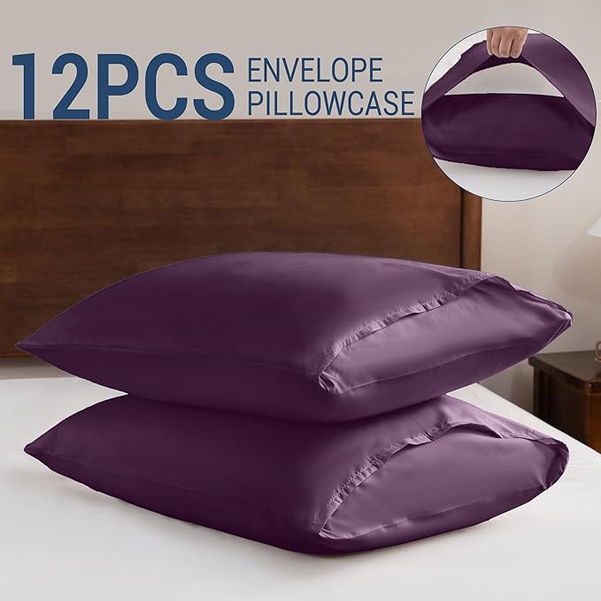 Pillowcases King 12 Pack, 20x36 Pillow Cases with Envelope Closure, Soft Plain Brushed Microfiber Covers Breathable Wrinkle-Resistant, Dark Purple