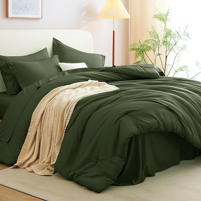CozyLux California King Comforter Set Olive Green, 7 Pieces Cal King Bed in a Bag Bed Comforter Set with Sheets, Luxury Soft Bedding Sets with Down Alternative Comforter, Sheets, Pillowcases & Shams