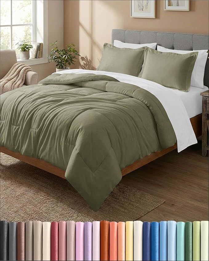 Queen Comforter Set - 3 Piece Bed Set for All Seasons - 1 Soft Quilted Comforter w/ Corner Tabs & 2 Pillow Shams - Comfy & Breathable - Premium Down Duvet Insert - Oeko-TEX - Queen Size, Sage Green