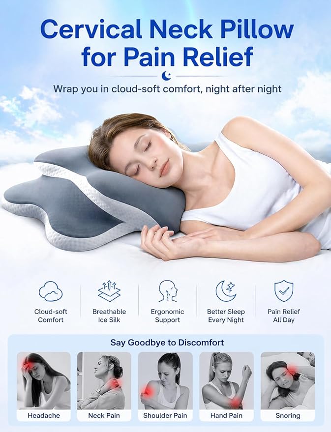 lazyzzz Cervical Neck Pillow for Neck and Shoulder Pain Relief, Memory Foam Pillow, Ergonomic Contour Side Sleeper Pillows, Soft Cooling Orthopedic Pillow for Side Back Stomach Sleepers