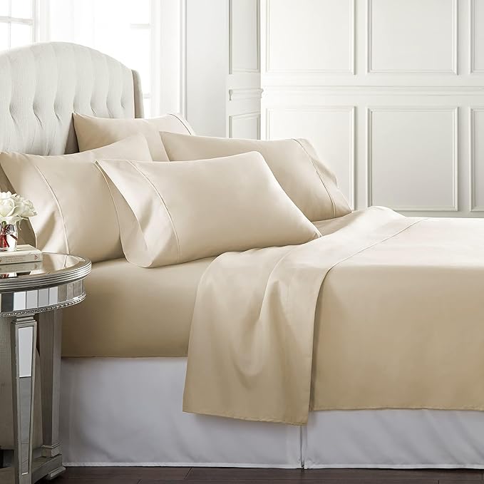 Danjor Linens Bed Sheet Set Full Size for Teens, Hotel Premium Sheets with 4 Pillowcases, Lightweight Brushed Microfiber Deep Pockets, Breathable Cooling 6 Piece Bedding Sets, Cream