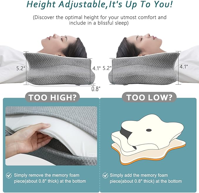 CHxxy Cervical Neck Pillow for Pain Relief Sleeping, Memory Foam Pillows, Ergonomic Side Sleeper Pillows, Cooling Orthopedic Neck Support Pillow for Back Stomach Sleepers-Queen Size White&Grey