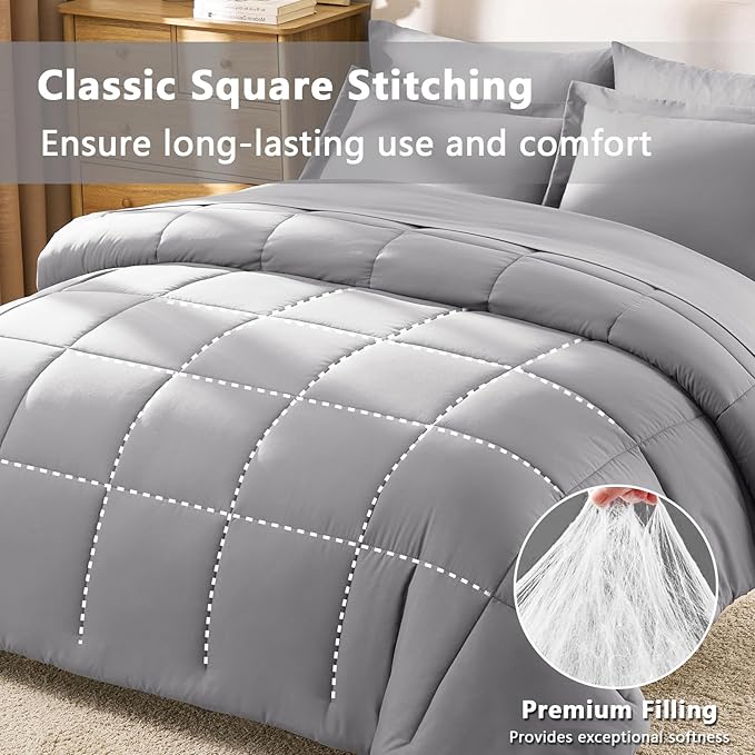 CozyLux King Size Comforter Set Grey - 7 Pieces Bed in a Bag King, Okeo-Tex Certifited Bedding Set, All Season Soft Bed Set with Down Alternative Comforter, Sheets, Pillowcases & Pillow Shams