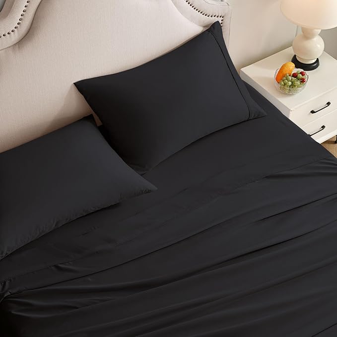Twin Sheets Set, 3 Pieces Hotel Luxury Soft Microfiber Bed Sheets Set, Up to 16" Deep Pockets, Oeko-Tex Sheets with Elastic, Breathable, Wrinkle Free(Black,Twin)