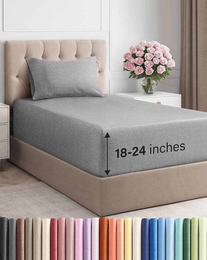 Extra Deep Twin Sheet Set - 3 Piece Breathable & Cooling Bed Sheets - Easily Fits 18 to 24 inch Mattress - Ultra Soft, Wrinkle & Fade Free w/ Extra Deep Pockets - Hotel Luxury Bedding - Heathered Grey