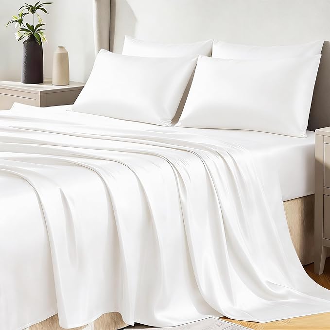 CozyLux Satin Sheets Full Size Sheets - 6 Piece Silky Full Size Bed Sheets, Luxury White Full Bed Set with Smooth and Soft Microfiber, Includes 1 Fitted Sheet, 1 Flat Sheet and 4 Pillowcases