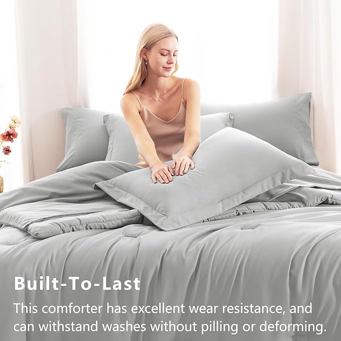 CozyLux Queen Comforter Set Light Grey, 7 Pieces Bed in a Bag Queen Comforter Set with Sheets, Light Gray Luxury Bed Sets with Down Alternative Comforter, Fitted Sheet, Flat Sheet, Pillowcases & Shams