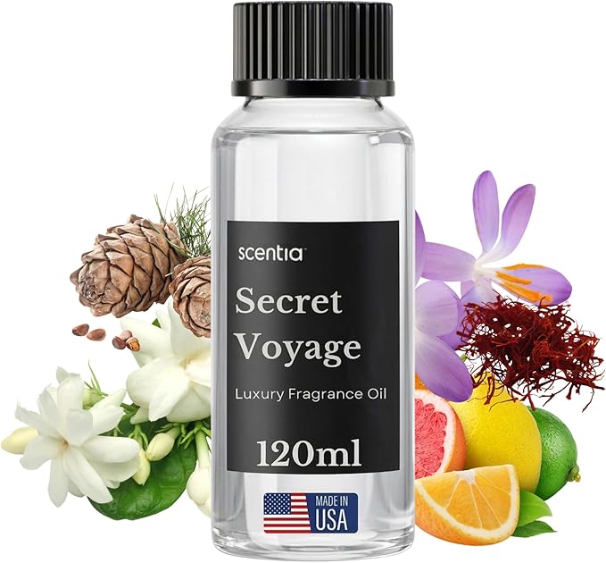 Scentia Secret Voyage Premium Amber Fragrance Oil for Diffusers – Luxury Warm Spicy Home Scent with Jasmine, Saffron, Cedar & Ambergris – Cold Air & HVAC Diffuser Oil Refill – 120 ml (4.06 fl oz)