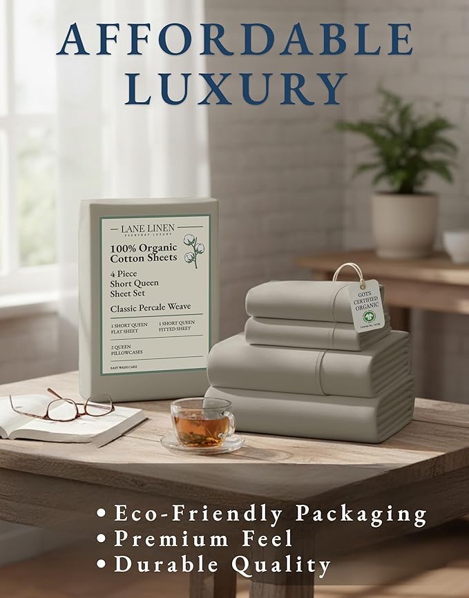 LANE LINEN RV Queen Sheets Set - 100% Organic Cotton Camper Sheet Sets 15" Deep Pocket Fitted (Short Silver)