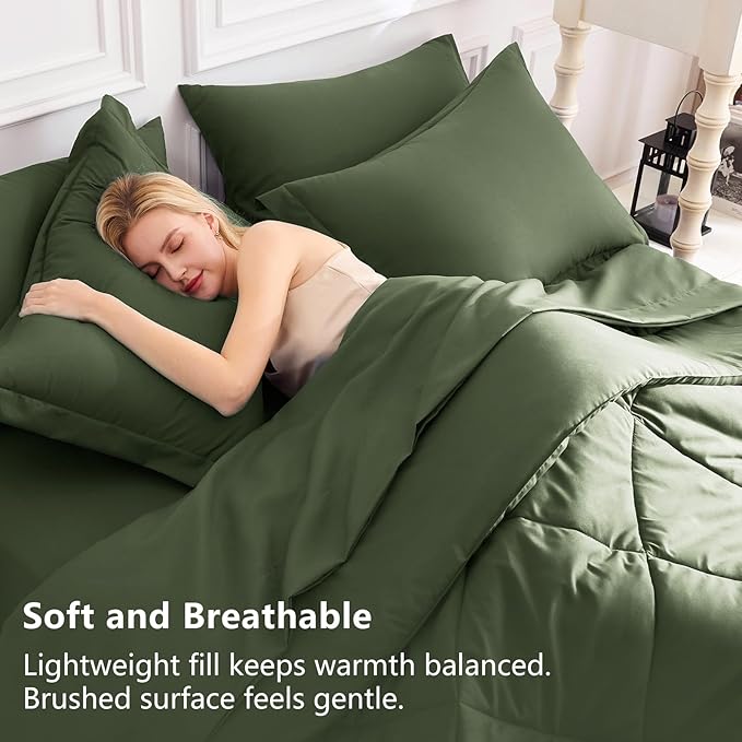 CozyLux Oversized Queen Comforter Set Olive Green - 7 Pieces Bed in a Bag Comforter Set with Sheets, Luxury Soft Bed Set, Bedding Set with Down Alternative Comforter, Sheets, Pillowcases & Shams