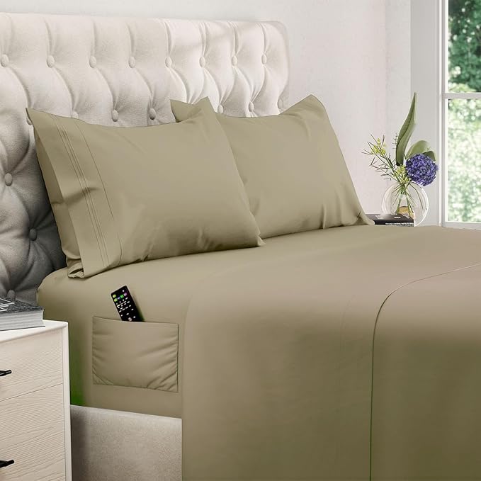 DREAMCARE Queen Sheet Set – 4 pcs Cooling Sheets – up to 21” Deep Pocket Queen Sheets – Hotel Luxury Sheets & Pillowcases – Superior Softness 100% Fine Microfiber with Side Pocket, Eucalyptus