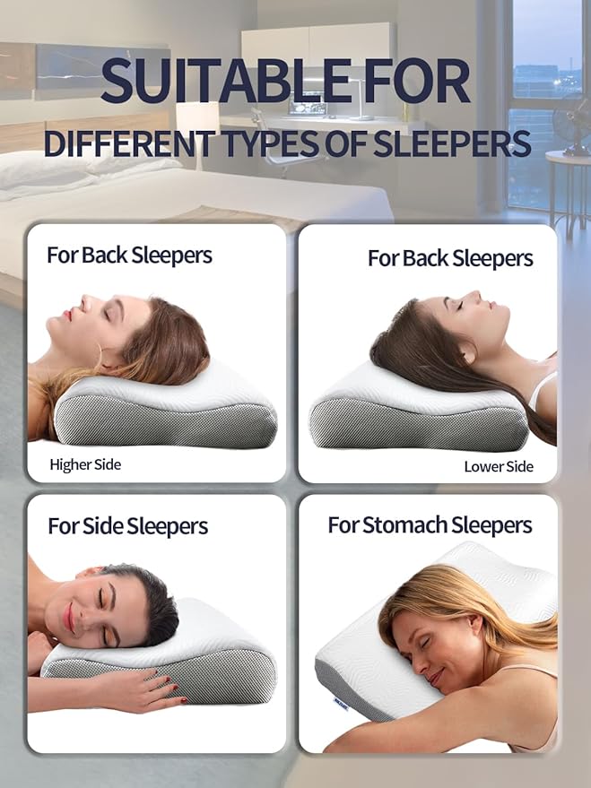 Memory Foam Contour Pillow for Neck Pain Relief, Ergonomic Cervical Pillow with 2 Heights - Orthopedic Support for Side/Back/Stomach Sleepers, Breathable Removable Cover, Queen Size