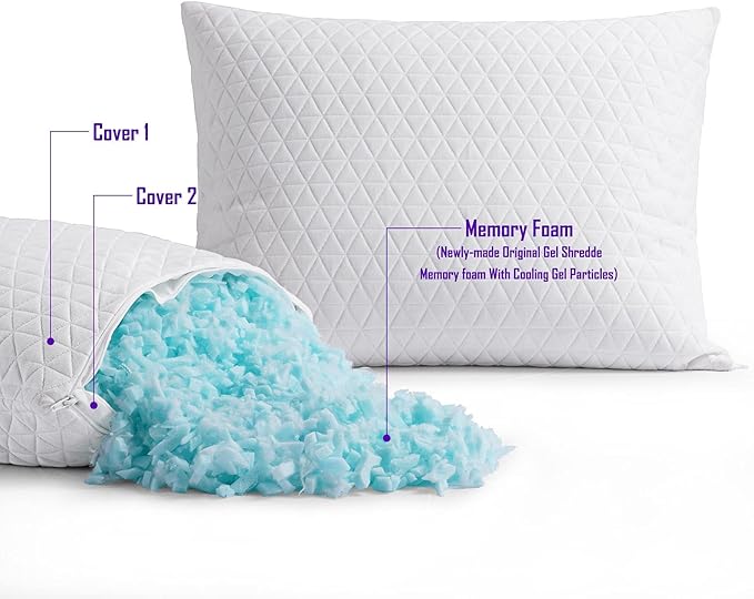 KEYOOHOME Shredded Memory Foam Pillows for Sleeping,Bed Pillows Standard Size Set of 2 Pack Cooling Adjustable,Good for Side and Back Sleeper with Washable Removable Cover