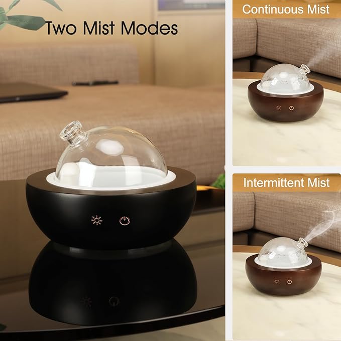 Glass Essential Oil Diffuser,Real Wood Base,The 2024 Upgrade Aromatherapy Diffuser,Aroma Diffuse Humidifier,LED Light in 7 Colors，Suitable for Home Office Bedroom-Brown