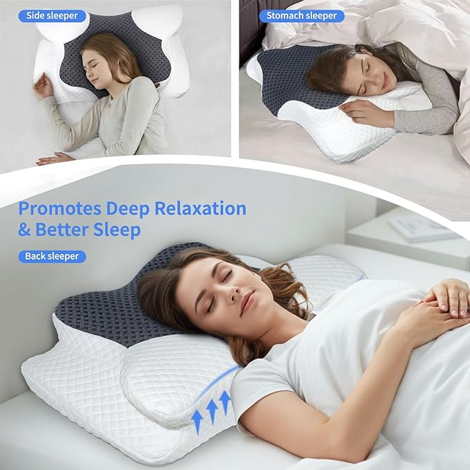 Cervical Pillow for Neck Pain Relief, Hollow Design Memory Foam Bed Pillow for Side & Back Sleepers, Ergonomic Contour Orthopedic Bed Pillow with Adjustable Support