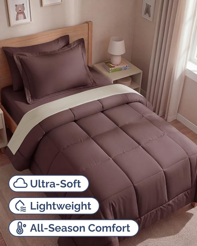 Twin Comforter Set - 5 Piece Bed in a Bag Twin Size Bed Set - Down Alternative Comforter, Flat Sheet, Fitted Sheet, Pillowcase & Sham for All Seasons - Ultra Soft, Comfy and Breathable - Brown/Beige
