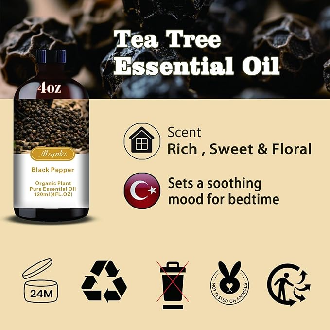 Black Pepper Essential Oil – MLYNKL Black Pepper Oils 4.33 fl oz for Diffusers, Humidifiers, Massage, DIY Candles, Soap, Cleaning, Home, Yoga, Office, Gifts - 130 ml