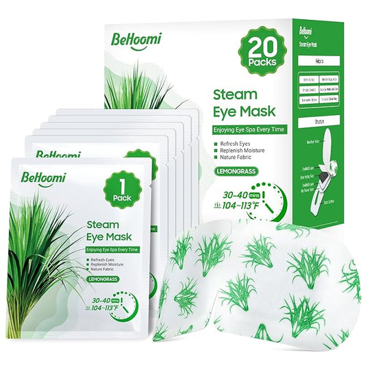 BeHoomi 20Packs Steam Eye Mask, Heated Eye Mask Warm Compress for Eyes, Disposable Self Heating Steam Mask for Home, Sleep, Spa, Travel Essentials & Relaxation Gifts, Valentine's Day Gift (Lemongrass)