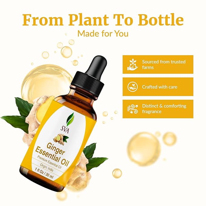 SVA Ginger Essential Oil – 1 Fl Oz – 100% Natural Ginger Oil - for Diffuser, Hair Care, Face, Skin Care, Aromatherapy, Scalp and Body Massage, Soap and Candle Making – with Dropper