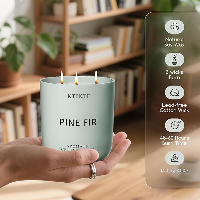 Pine Scented Candle for Home - 3-Wick 14.1oz 80-Hour Long Burning, Non-Toxic Soy Wax Candles - Aromatherapy Candle for Positive & Relaxation, Crisp Woody Forest Scent for Home Decor