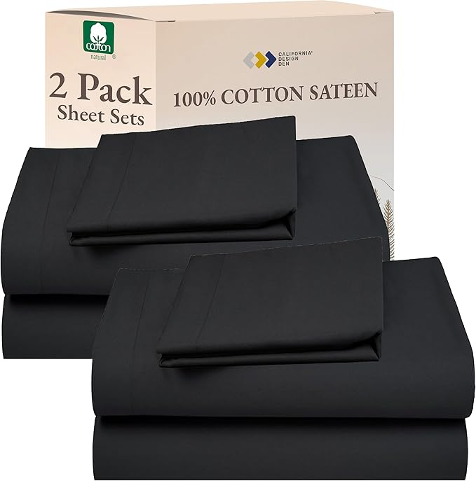 California Design Den 100% Cotton 2-Pack Twin Size Bed Sheets, Soft & Durable Cotton Twin Sheet Sets with 12" Pockets, Twin Sheet Set with Sateen Sheets - Dark Grey (Black Tone)