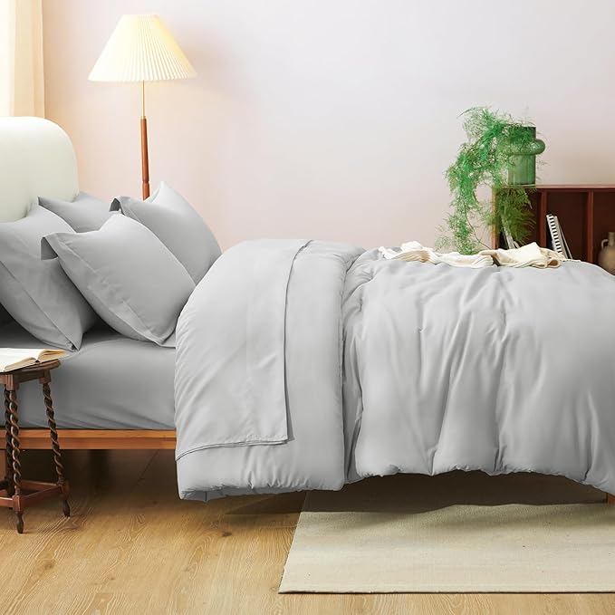 CozyLux King Size Comforter Set Light Grey, 7 Pieces Bed in a Bag King Comforter Set with Sheets, Light Gray Luxury Soft Bedding Sets with Down Alternative Comforter, Sheets, Pillowcases & Shams