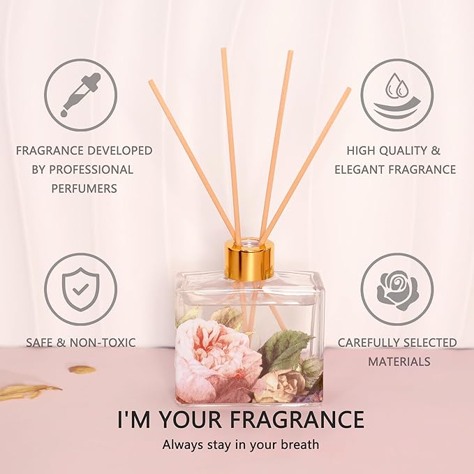 Reed Diffuser Set Rose Scent 3.38 Oz Reed Diffuser with Sticks - Bedroom Bathroom Shelf Valentine's Day Decor