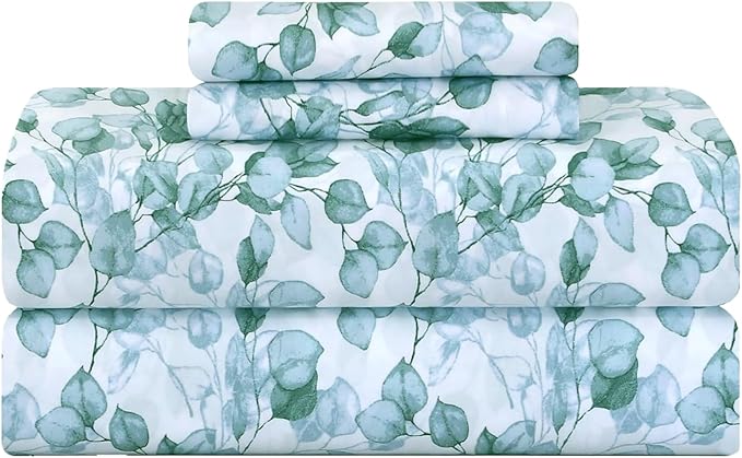 Feather & Stitch Printed 500 TC Full Size 4pc Damask Bed Sheet Set, 100% Soft Cotton Breathable Bedsheets, 18" Deep Pockets Sateen Weave Striped Bedding Mattress Resort Hotel Luxury Decor - Green Leaf