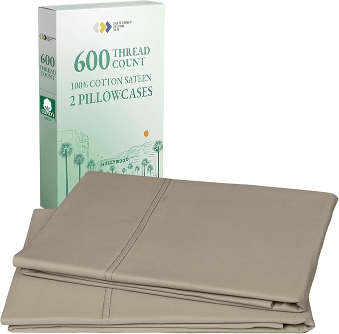 Luxuriously Soft Premium 600 Thread Count, 100% Cotton Set of 2 Cases, Crisp King Size Pillow Cases 2Pc, Fits King Pillows (Cool Taupe)