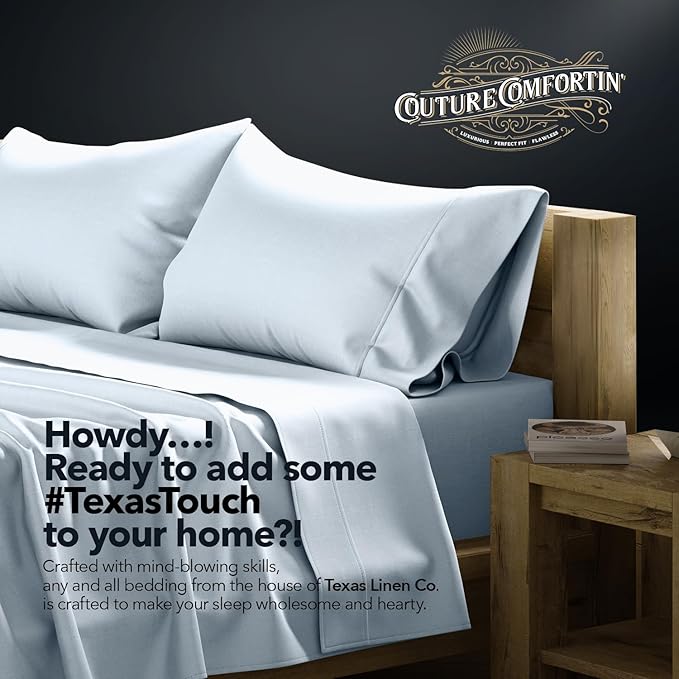 TEXAS LINEN CO. 100% Egyptian Cotton King Sheets Set - Luxury 1500 Series Couture Comfortin' Collection Egyptian Cotton Sheets King Size Bed Set (4 PC, Light Blue), 17" Deep Pocket, Hotel Bedding Set