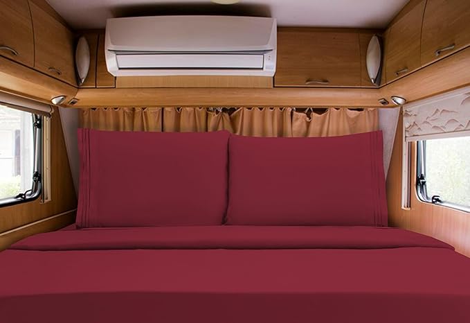 Mocassi Luxury RV Short 4-Piece Sheet Set - 1800 Premium Hotel Quality - Easy-Fit, Wrinkle, Fade Resistant Bed Sheets and Pillowcases - All Around Elastic Fitted Sheet, Deep Pocket, Burgundy