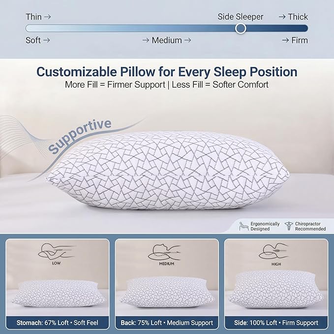 Meoflaw Adjustable Memory Foam Pillows: 2 Pack Queen Size Shredded Foam Bed Pillow for Sleeping with Removable & Washable Pillowcase for All Sleep Positions