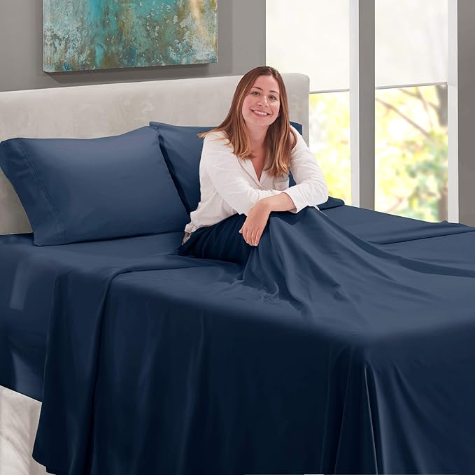 Nestl Queen Size Sheet Set, 4 Piece Extra Deep Pocket (18-24 inches), Microfiber, Cooling, Hotel Luxury, Soft, Breathable, Wrinkle-Free, Easy to Care, Navy Blue