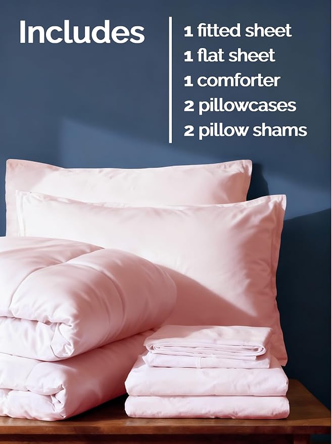 Queen Comforter Set - 7 Piece Bed in a Bag Queen Size Bed Set - Down Alternative Comforter, Flat Sheet, Fitted Sheet, Pillowcase & Shams for All Seasons - Ultra Soft, Comfy, Breathable - Lavender Pink
