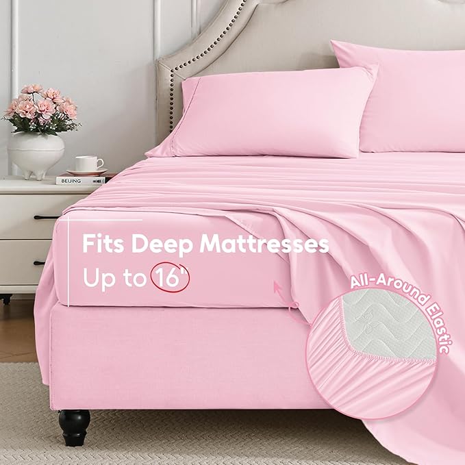 King Size Sheets Set, 4 Pieces Hotel Luxury Soft Microfiber Bed Sheets Set, Up to 16" Deep Pockets, Oeko-Tex Sheets with Elastic, Breathable, Wrinkle Free (Light Pink, King)