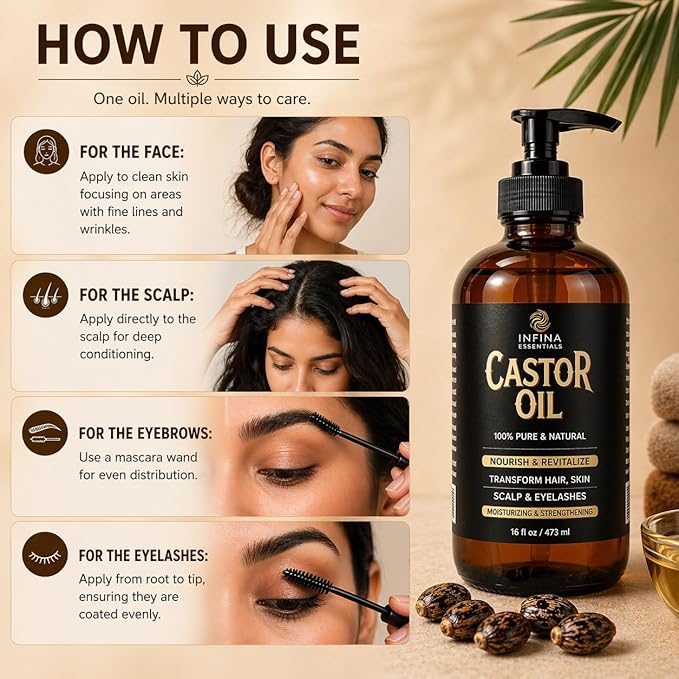 INFINA ESSENTIALS Pure Cold Pressed Castor Oil - Hexane Free, Glass Bottle for Hair Growth, Face, Scalp, Skin & Eyelashes - Nourishing and Moisturizing - 16 fl oz