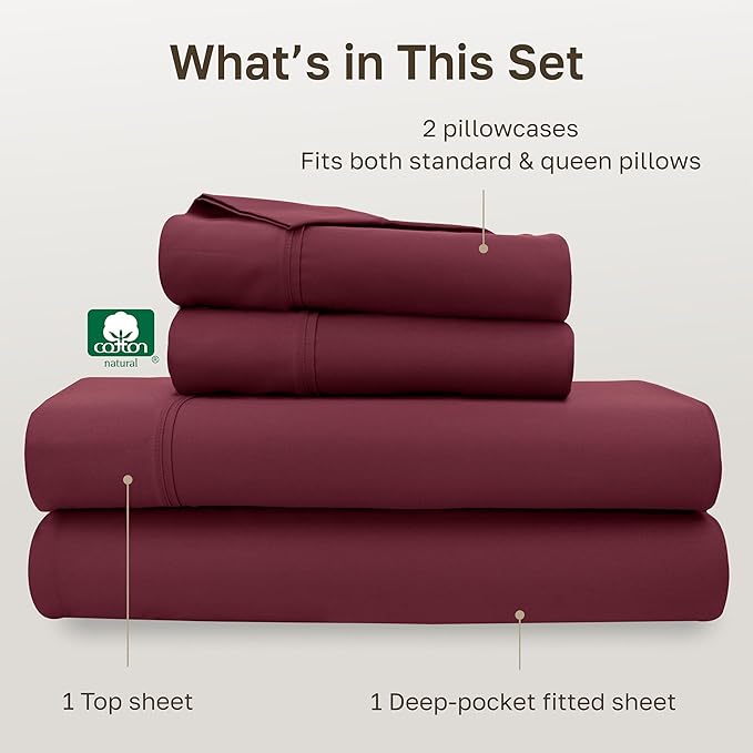 California Design Den Soft 100% Cotton Queen Size Bed Sheets Set, 400 Thread Count Good Housekeeping Award Winner, Silky Smooth Sateen with Deep Pockets, Durable Queen Bed Sheet Set - Burgundy Red