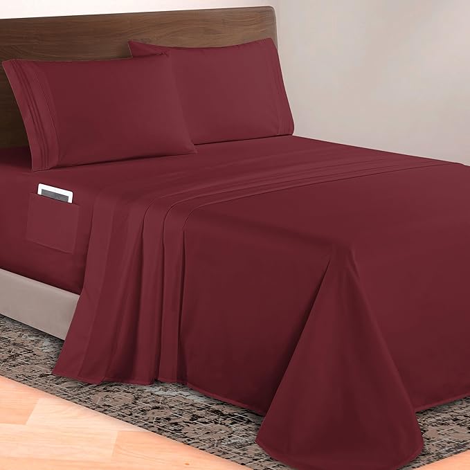 Elegant Comfort Luxurious 1500 Premium Hotel Quality Microfiber 4-Piece Sheet Set, 18-24 Inches Deep - Extra Deep Pocket Sheets - Ultra Soft 4PC Deep Pocket Sheets, Twin/Twin XL, Burgundy