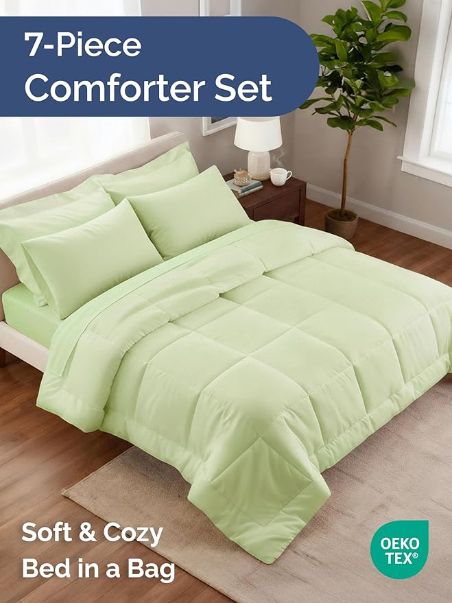 King Comforter Set - 7 Piece Bed in a Bag King Size Bed Set - Down Alternative Comforter, Flat Sheet, Fitted Sheet, Pillowcase & Shams for All Seasons - Ultra Soft and Breathable - Light Sage Green