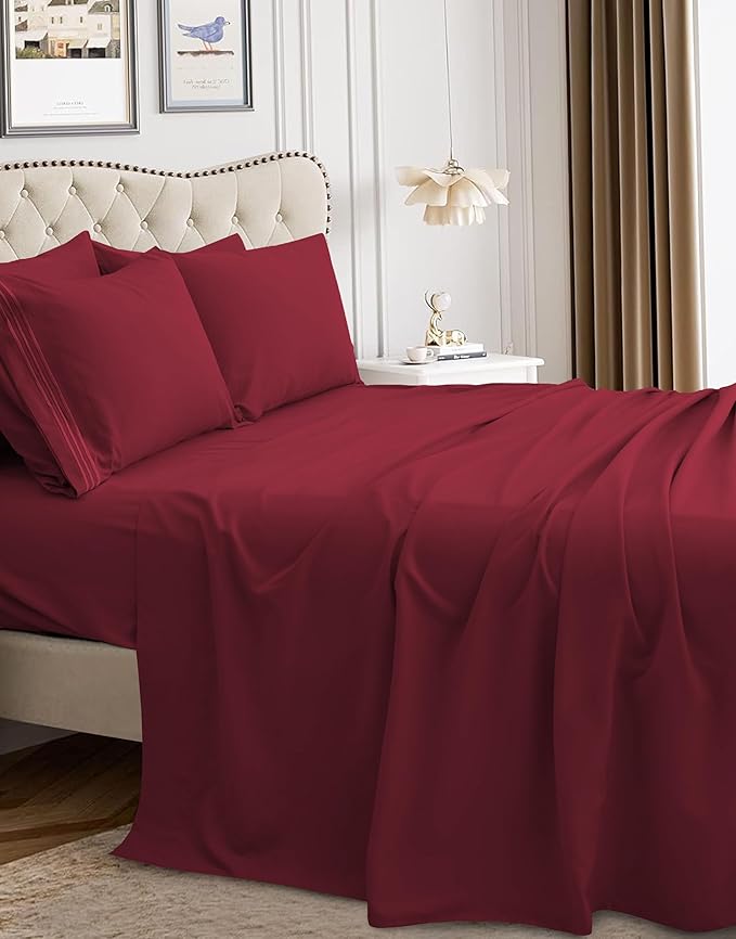 Mocassi Luxury Split King 5-Piece Sheet Set - 1800 Premium Hotel Quality - Easy-Fit, Wrinkle, Fade Resistant Bed Sheets and Pillowcases - All Around Elastic Fitted Sheet, Deep Pocket, Burgundy