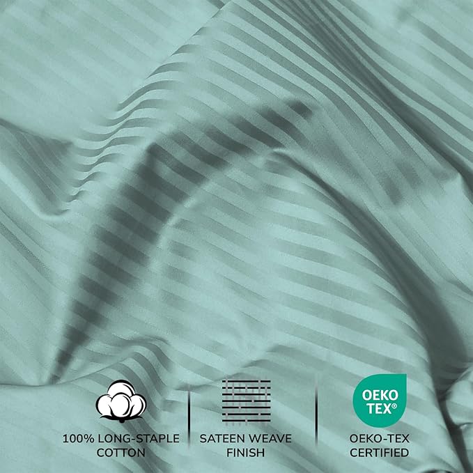 Feather & Stitch 500 TC King Size Bed Sheet Set, 100% Cotton Soft Breathable Bedsheets, 4 Piece 18" Deep Pockets Sateen Weave Striped Bedding Mattress Resort Hotel Luxury - (Granite Green Stripe)