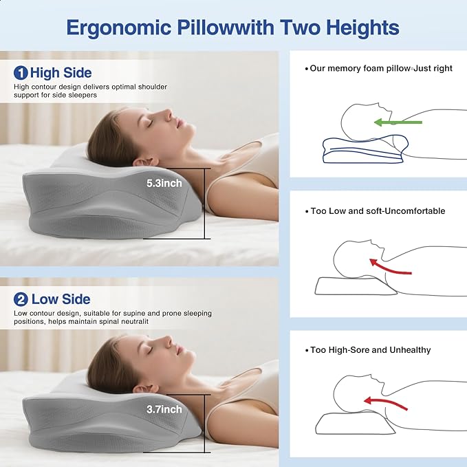 Cervical Neck Pillow - Cooling Pillow for Neck Pain Relief, Side Sleeper Pillow, Ergonomic Neck Pillow, Contour Orthopedic Memory Foam Pillows for Side Back Stomach Sleepers with Pillowcase