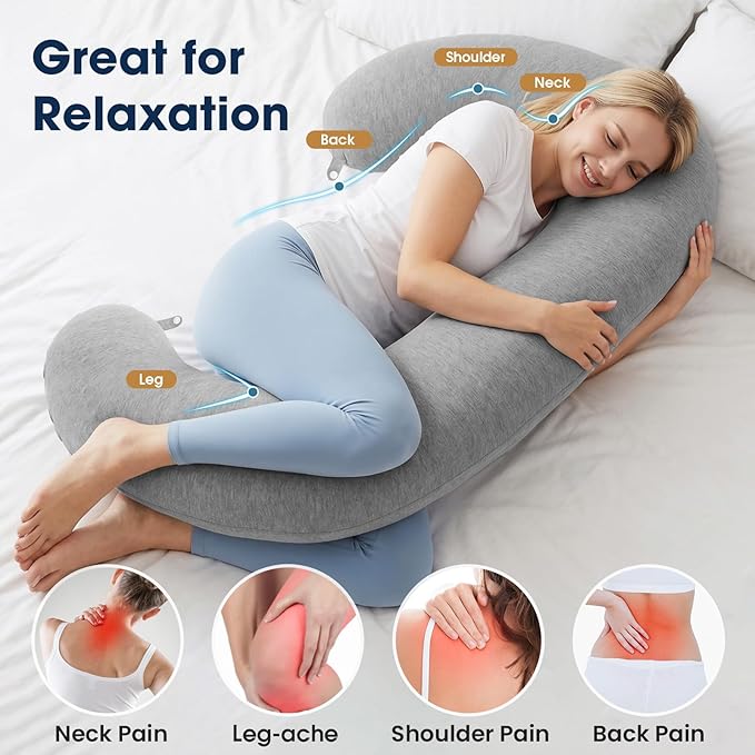 TranquilRelax C Shaped Body Pillow for Side Sleepers, Memory Foam Long Pillow for Leg, Hip & Back Support, Soft Washable Cover,Grey-53"*10"