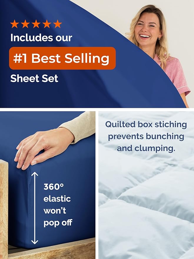Full Comforter Set - 7 Piece Bed in a Bag Full Size Bed Set - Down Alternative Comforter, Flat Sheet, Fitted Sheet, Pillowcase & Shams for All Seasons - Soft, Comfy & Breathable - Navy Blue/Sky Blue