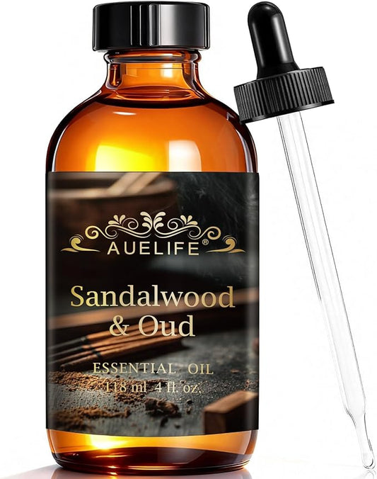Auelife 4oz Sandalwood & Oud Essential Oils for Diffusers for Home - Woody Fragrance Oil for Candle Making, Soap Making, Father's Day & Birthday Gifts for Him - Masculine Scent for Men Gift