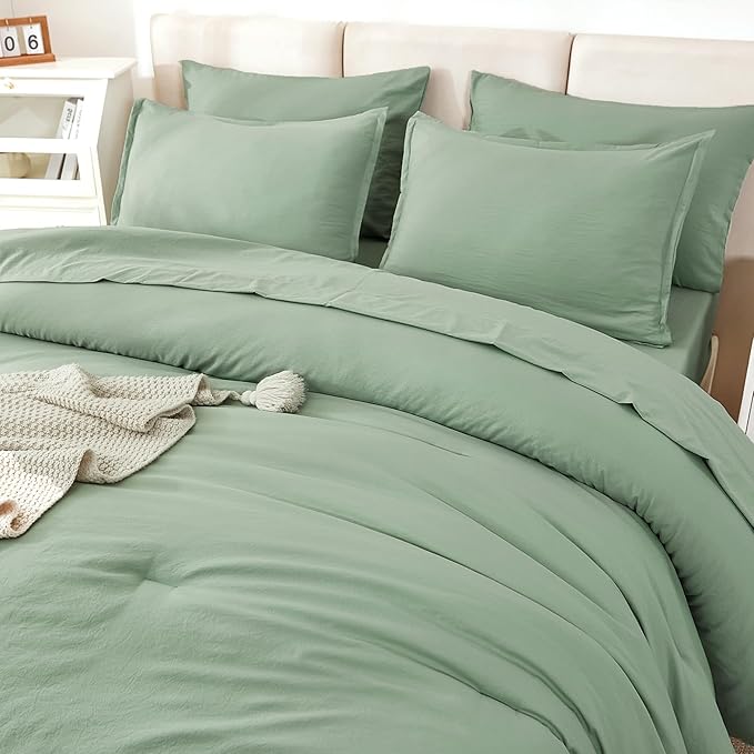 Litanika Comforter Queen Size Set Sage Green - 7 Pieces Bed in a Bag Queen Bedding Comforter Sets, Plain Lightweight Bed Set with Comforter, Sheets, Pillowcases & Shams